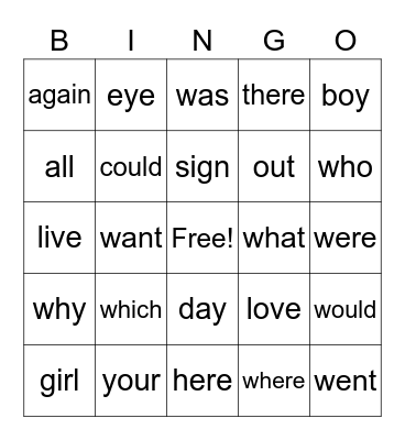 1st gr. Red Words (second 1/2 of year w/ w-words) Bingo Card