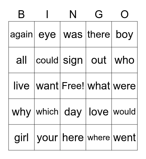 1st gr. Red Words (second 1/2 of year w/ w-words) Bingo Card
