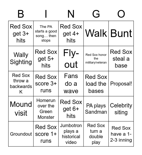 Red Sox Bingo Card