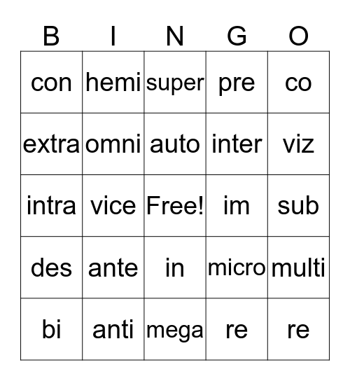 prefijo Bingo Card