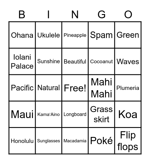 Luau Bingo Card