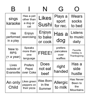 Get to know each other Bingo Card