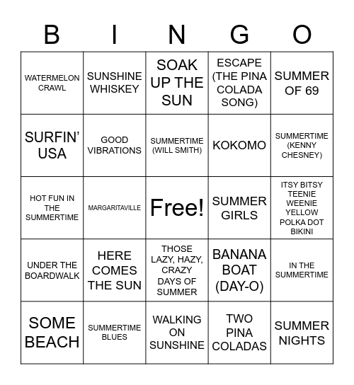 SUMMER SONGS Bingo Card