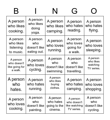 activities Bingo Card
