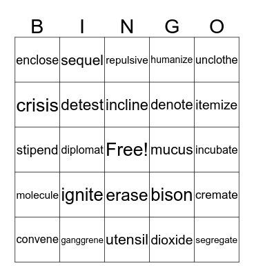 VCE, Open, Closed Syllable Words Bingo Card
