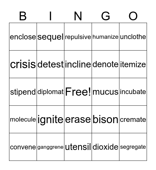 VCE, Open, Closed Syllable Words Bingo Card