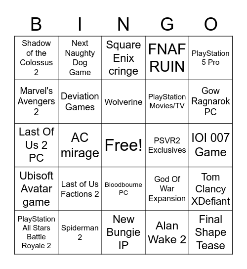 PlayStation Showcase Bingo Card