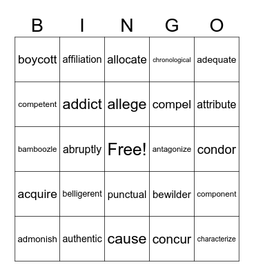 Vocabulary Bingo Card