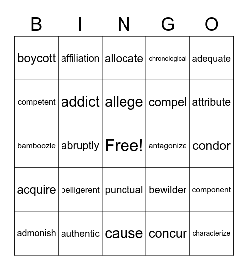 Vocabulary Bingo Card