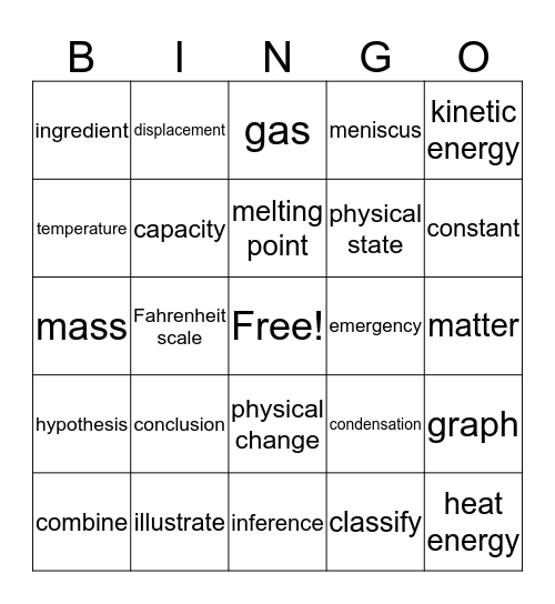 Matter and Energy #1 Bingo Card