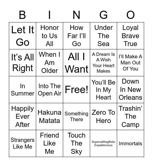 Disney Spotify Bingo Card