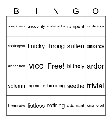 Vocabulary Bingo Card