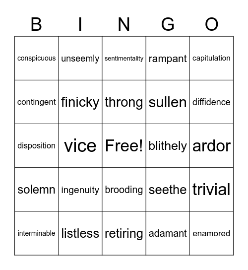 Vocabulary Bingo Card