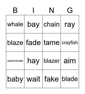 ai     ay     a      sounds Bingo Card
