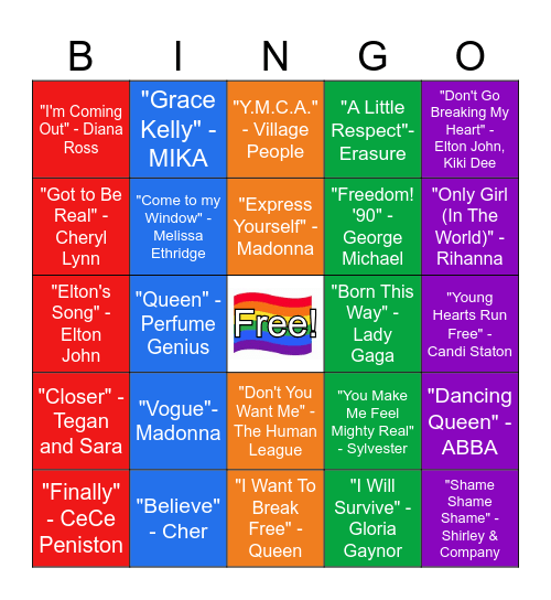 Pride Songs Bingo Card