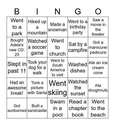 Holiday Vacation Bingo Card