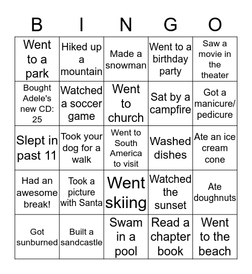 Holiday Vacation Bingo Card