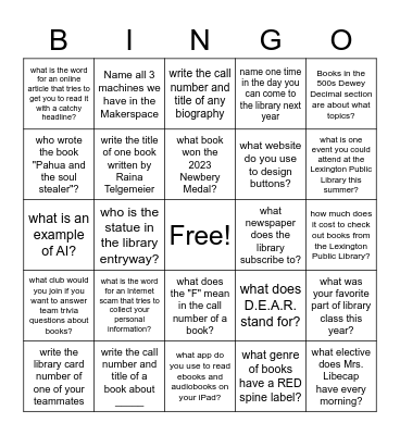Library Class: Final Exam Bingo Card