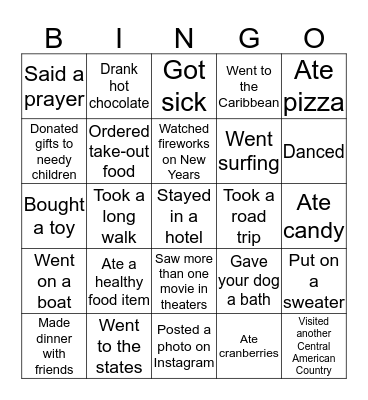 Holiday Vacation Bingo Card