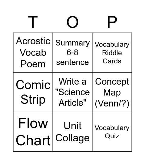 End of Unit Choice Board Bingo Card