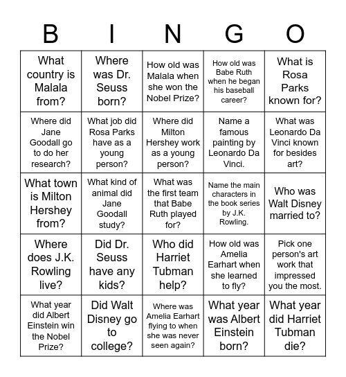 Biography Bingo Card