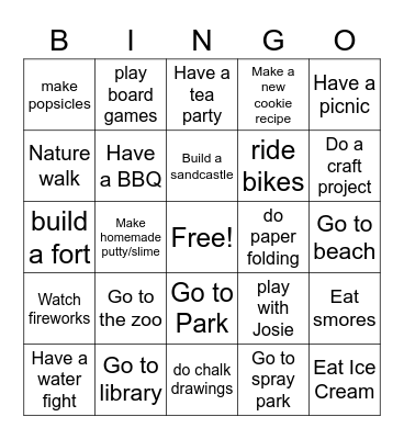 Summer Fun Bingo Card