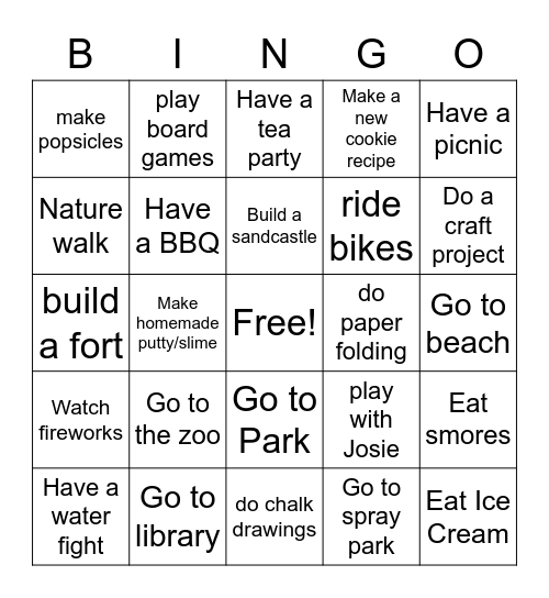 Summer Fun Bingo Card