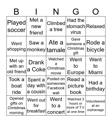 Holiday Vacation Bingo Card