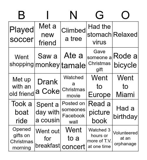 Holiday Vacation Bingo Card