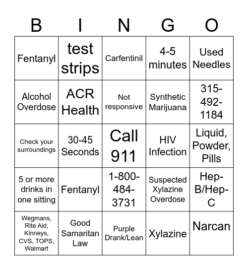 Harm Reduction Bingo Card