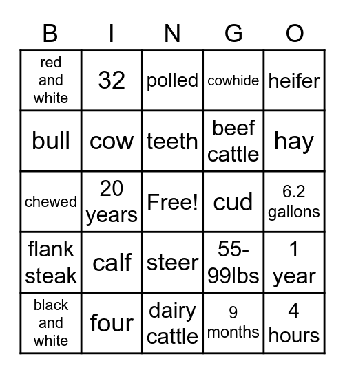 Cattle Trivia Bingo Card