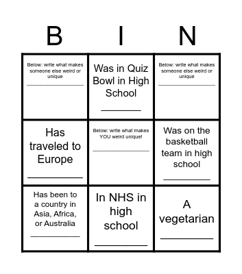 Uniquely YOU Bingo Card