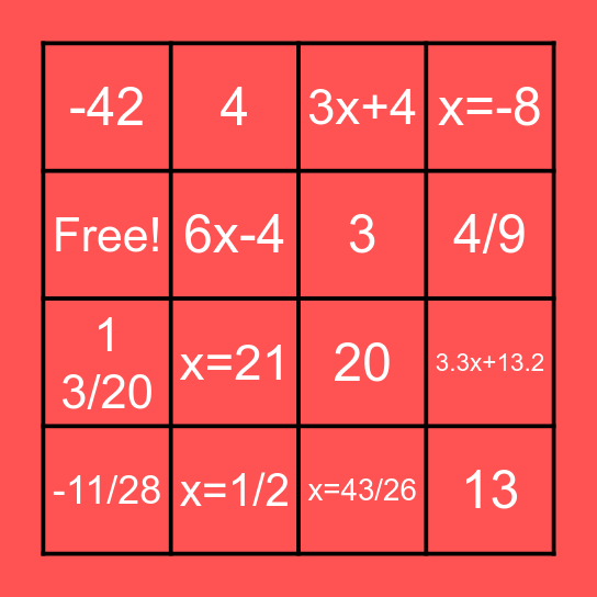 Math Bingo Card