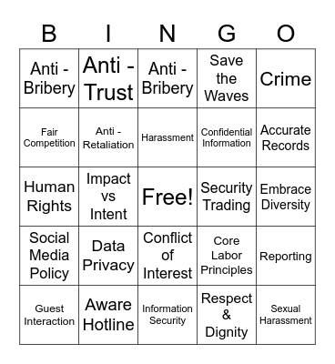 Code of Ethics Bingo Card