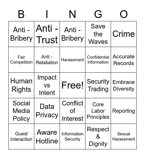 Code of Ethics Bingo Card