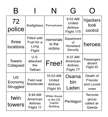 Remembering 9/11 Bingo Card