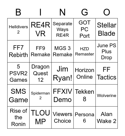 Playstation Showcase Shenanigans Bingo Card