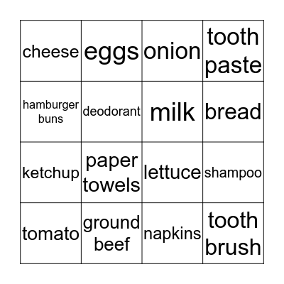 Grocery Store Bingo Card
