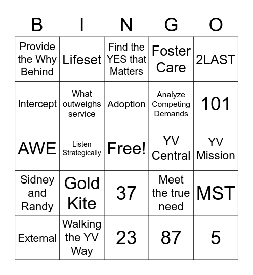 YV Way Bingo Card