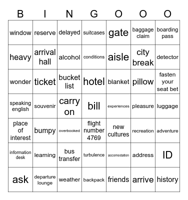 Travelling Vocabulary Bingo Card