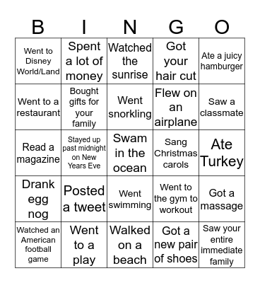 Holiday Vacation Bingo Card