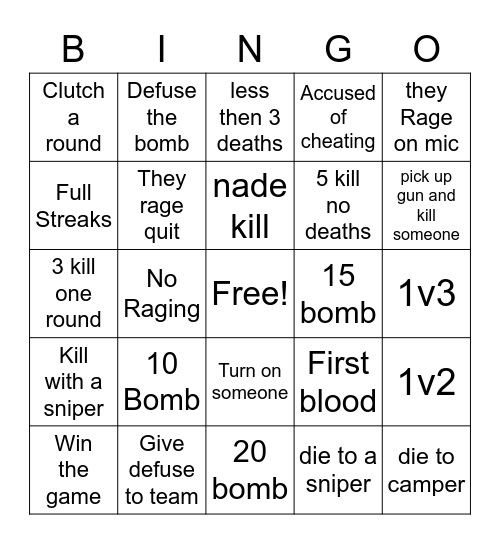 Search and Destroy Bingo Card