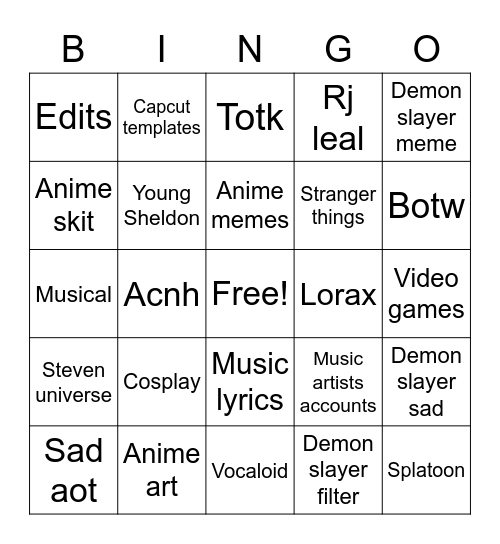 Tiktok Bingo Card