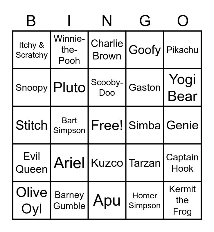 Cartoon Characters Bingo Card