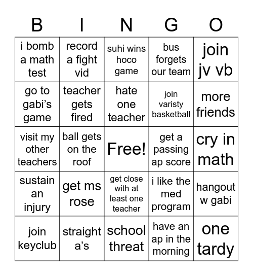 junior year predictions Bingo Card