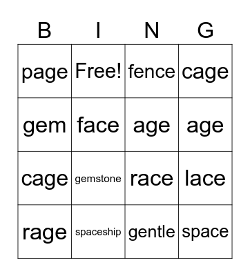 Soft C and Soft G Words Bingo Card