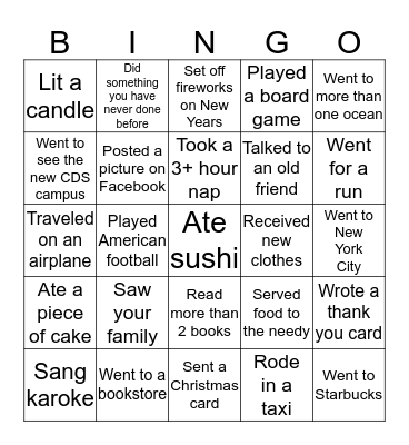 Holiday Vacation Bingo Card