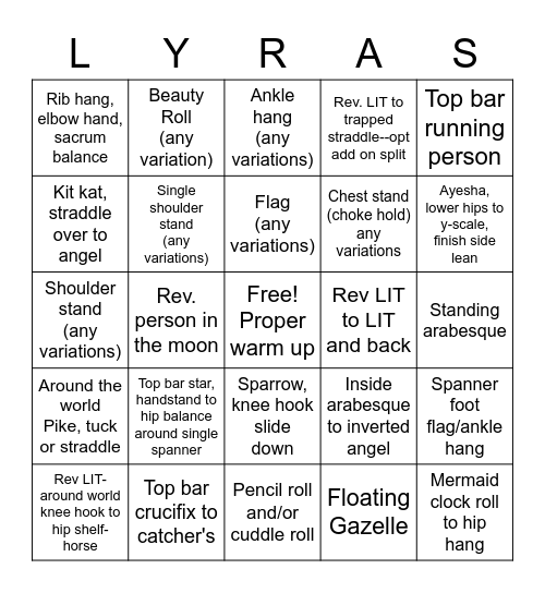 Weird Lyra Choreography Bingo Card