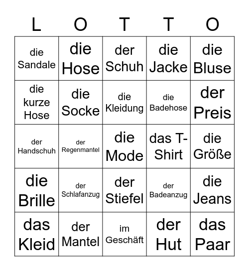 Kleidung Sektion 2 Bingo Card