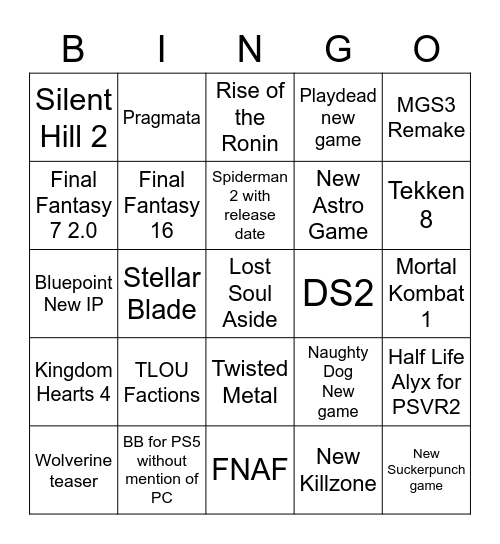 Sony Showcase Bingo Card